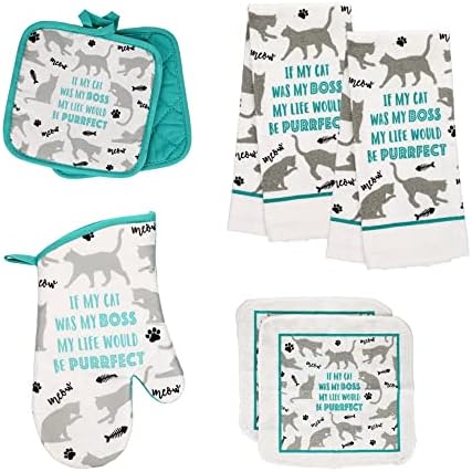 Farmhouse Cat Teal Kitchen Towel Set with Towels (2), Pot Holders (2), Oven Mitt, and Scrubber Dish Cloths (2) (Cat Boss)