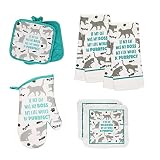Farmhouse Cat Teal Kitchen Towel Set with Towels (2), Pot Holders (2), Oven Mitt, and Scrubber Dish