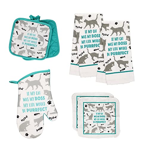 Farmhouse Cat Teal Kitchen Towel Set With Towels (2), Pot Holders (2), Oven Mitt, And Scrubber Dish Cloths (2) (Cat Boss) #TOP2