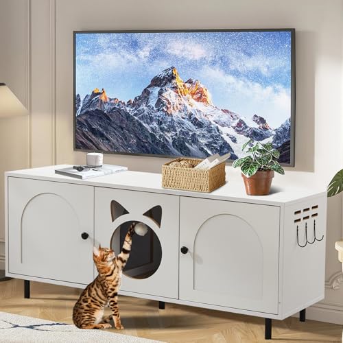 CHARMELEON Large Cat Litter Box Enclosure for 2 Cats,Hidden Enclosed Litter Box Furniture with Scratching Mat & Cat Bell,Cat Litter Box Cabinet End Table for Bedroom,47.24" Lx17.72 Wx20.47 H(White)