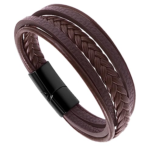 Yolev Geflochtenes Lederarmband Herren aus Edelstahl für Männer Armband aus Leder und Magnetischem Knopfarmband aus Stahl Leder Armband Herren