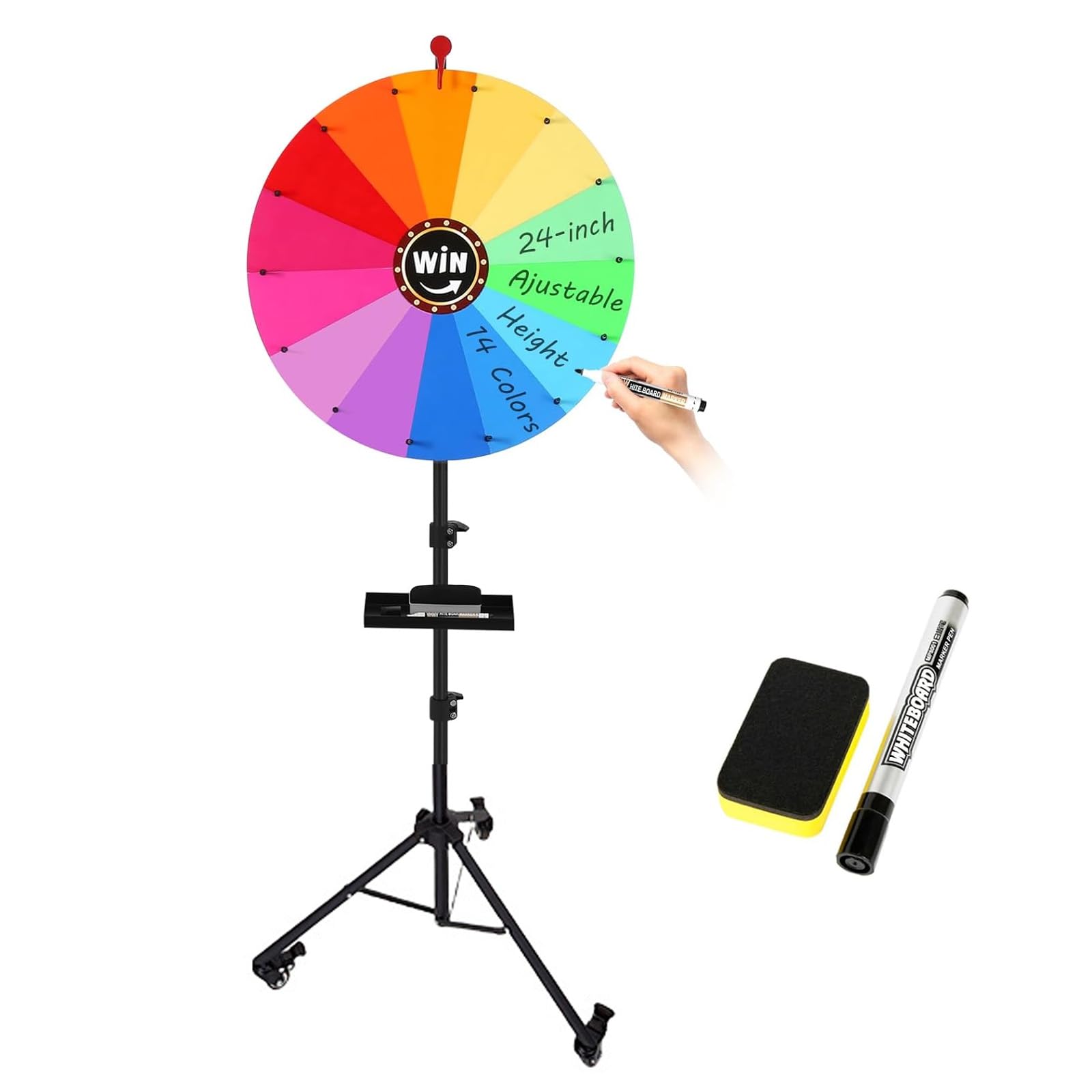 Roue porte-bonheur de 60 cm de diamètre - Roue de bonheur - Hauteur réglable de 90 à 150 cm - Jeux - Plateau rotatif amovible - Grande roue à tourner - Avec porte-stylo - Outils d'écriture