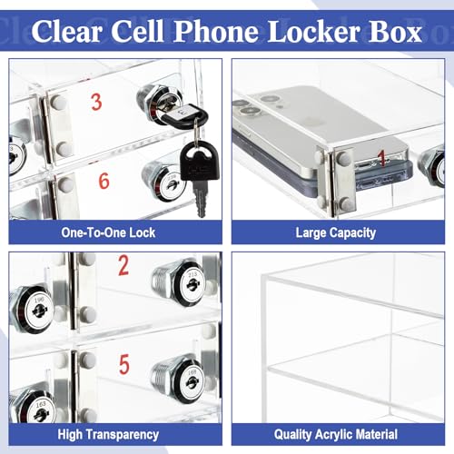 Image of Layhit Clear 6 Slots Cell Phone Locker Box for Classroom Clear Acrylic Cell Phone Storage Cabinet Bin with Door Locks for Classroom School Students Office Factory Employees