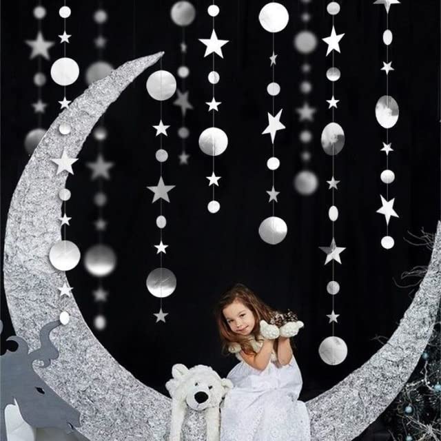 Image of Silver Party Decoration Silver Star Circle Dot Hanging Garland Hanging Streamer Decorations Glitter Star Bunting Banner Twinkle Backdrop for Wedding Anniversary Baby Shower Birthday Christmas