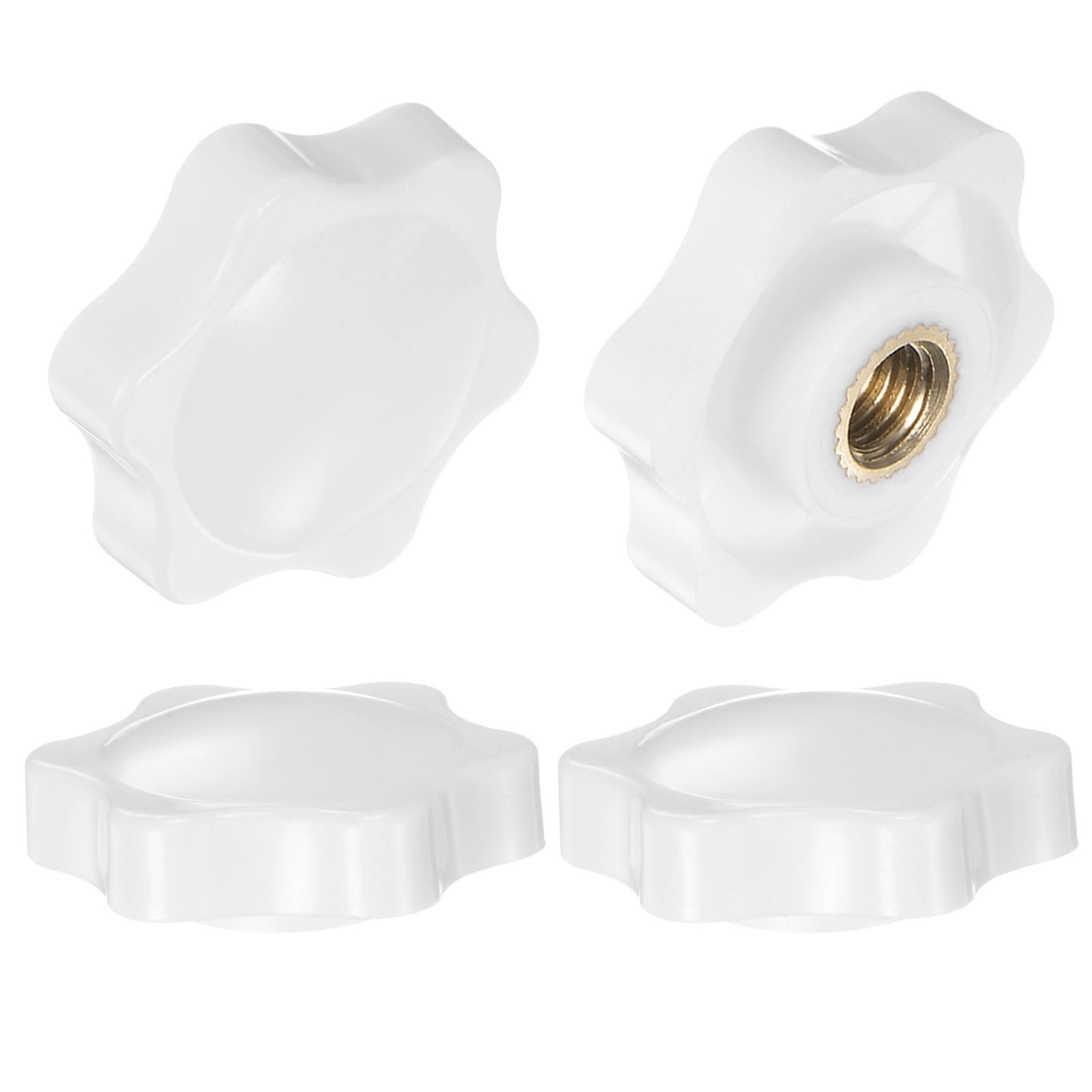 sourcing map 4pcs Star Knobs M8 Female Thread 32mm Head Plastic Non-Through Hole Brass Screw-in Clamping Handles Threaded Hand Knobs, White