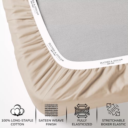 Image of Feather & Stitch 500 TC Split King Size Sheet Set, 5 Piece Bed Sheets Set-2 Twin Fitted Sheet, 1 King Flat Sheet & 2 King Pillowcases, 18 inch Deep Pockets Sateen Weave Solid Bedsheet - Champagne Beige