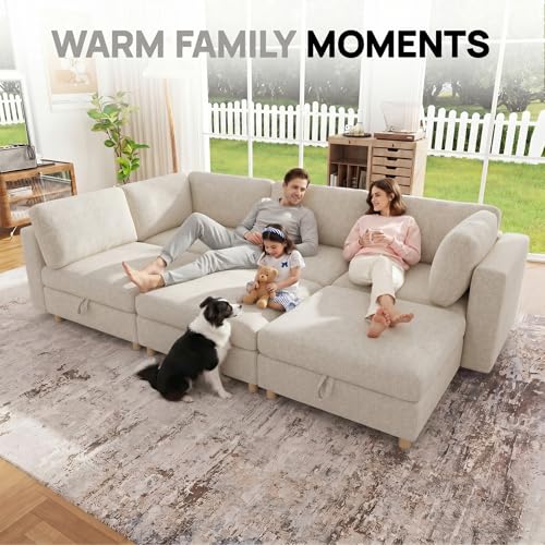 Image of 99 inch Modular Sectional Sleeper Sofa, 6 Seaters Chenille Modular Sectional Sofas, Sleeper Sofa Bed with Storage & Ottoman, Sleeper Couch with Removable Covers, Beige Sectional Couches for Living Room