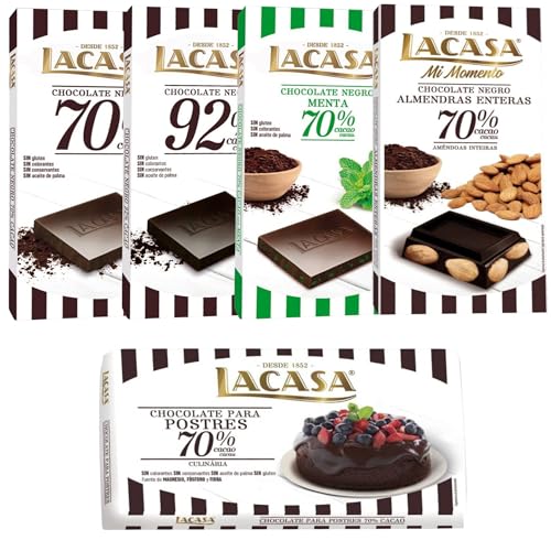 Pack Lacasa 5 deliciosas tabletas de chocolate de distintos sabores y tamaños: ,negro , menta ,cacao 92% ,culinaria200g, almendra