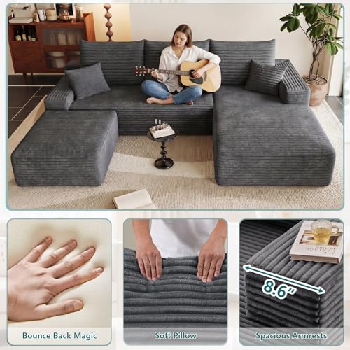 Image of 95 inch U-Shape Cloud Couch, Modern Modular Sectional L-Shape Sofa with Ottoman, Corduroy Upholstered Couches Deep Seat Sleeper Chaise Longue for Living Room, No Assembly Required(Dark Gray, Right Facing)