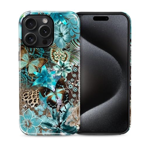 Coque iPhone 15 Pro fleur bleu sarcelle antichoc voyage