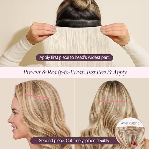 Image of GOO GOO Tape In Weft Hair Extensions Human Hair, Genius PU Long Weft Tape In Hair Extensions Real Human Hair, Silky Easy to Use, 60A Platinum Blonde 14 inch 50g 2pcs