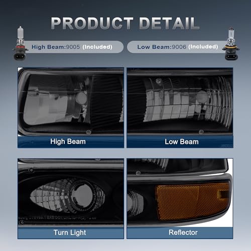 KUIPERAUTO Headlight Assembly Front Lamp Compatible with 1999-2002 Chevrolet Silverado 1500 2500 2000-2006 Suburban 1500 2500 Tahoe Black Housing/Smoked lens/Amber Corner w/Bulb by KUIPERAUTO - Image 3