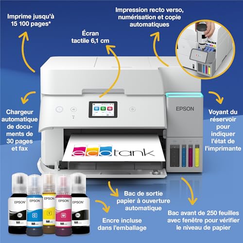 Epson Solution d’impression A4 blanche EcoTank ET-4956 avec Wi-Fi, réservoirs d’encre AirPrint, chargeur de documents, impression, numérisation, copie et fax recto verso + jusqu’à 3 ans d’encre inclus – Image 3