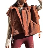 VAOYIU Women's Fleece Vest Casual Sleeveless Oversized Sherpa Jacket Button Down Vests Outerwear with Pockets(7-Brown-S)
