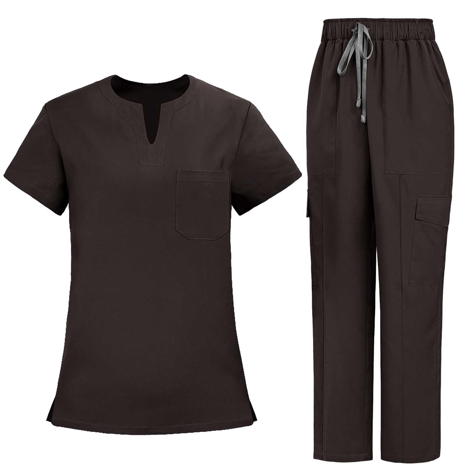 Women Housekeeping Uniforms - Medical Scrubs for Women Set - V-Neck Top &amp; Straight Leg Pants with Multi Pockets