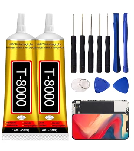 Takone T8000 - Juego de adhesivos para reparación de teléfonos móviles, 2 unidades de 50 ml, adhesivo transparente con punta dosificadora precisa y juego de herramientas, para iPhone y Android