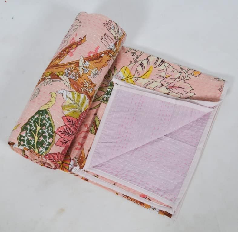 Yuvancrafts インド伝統フローラルプリント カンタキルト ピュアコットン バグルー タイ 染色 キルト クイーン ブランケット ベッドカバー スロー並行輸入 Yuvancrafts インド製ハンドメイドコットンカンタキルト 伝統的な花柄