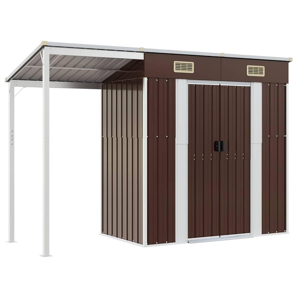 vidaXL Abri de Jardin avec Toit Prolongé, Cabane à Outils avec Poignées, Remise à Outils, Abri de Rangement Terrasse, Marron 277x107x181 cm Acier