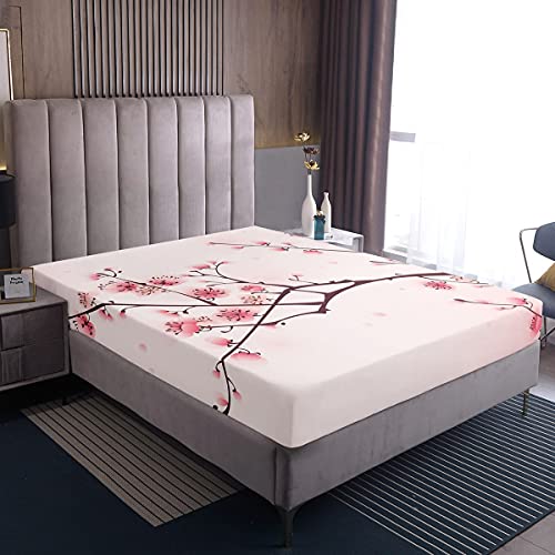 Cherry Blossoms Bed Sheets Girl Pink Floral Sheet Set Full 4 Pcs Japanese Spring Bed Sheets Set + Blossom Petal Branch Floral Flat Sheet + Decor 2 Pillow Cases For Women,Girly Romantic Style #TOP1