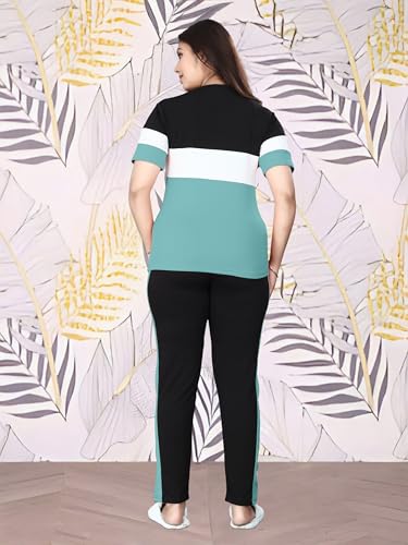 Image of Cotton Blend Tracksuits for Women Half Sleeves Round Neck Woman Workout T-shirt & Pant for Sports Comfortable and Breathable Gym Wear for Womens Tracksuit Set with Top & Bottom Pants