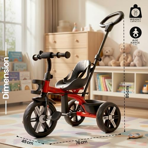 Image of Luusa Elite 500 Kids Tricycle with Parent Push Handle & Safety Seat Belt - Premium 3 Wheel Toddler Cycle with Storage Basket & Comfortable Backrest for 1-4 Years Boys & Girls (Red)