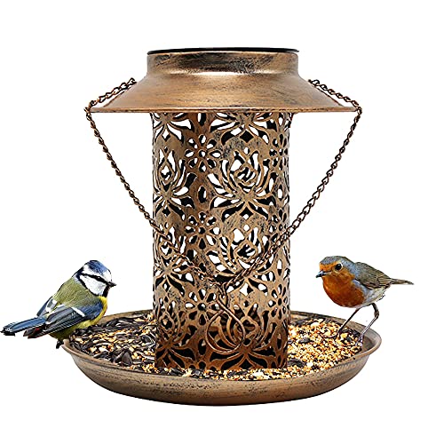 Solar Bird Feeder for Outside Hanging Wild Bird feeders Outdoor Solar Bird Houses with Hook Metal Bird Feeder with Solar Light (20 cm/7.8 in) (Brown)