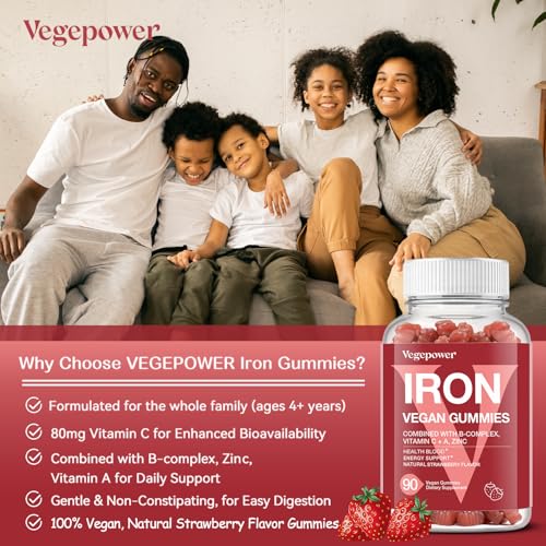Iron Gummies Supplements for Women & Kids - Multivitamin with Vitamin C for Energy Support, Great Tasting Iron Gummy Vitamins with Vitamin C for Max Absorption - Vegan, Strawberry 90 Count
