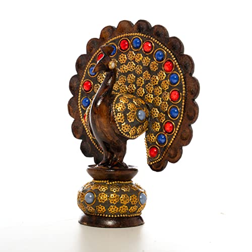 Wooden Dancing Peacock Traditional Indian Rajasthani Home Decoration Table Décor Showpiece & Gifting (Brown Studded Peacock) - Image 6