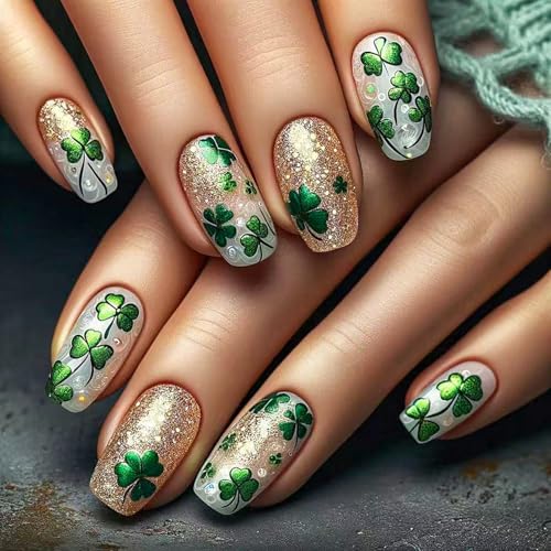 St. Patrick's Day Press on Nails Medium Length Fake Nails with Gl...