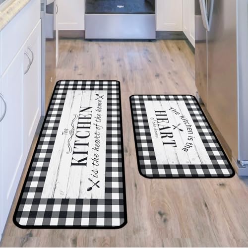 Black and White Buffalo Plaid Kitchen Rugs and Mats Set of 2, Farmhouse Kitchen Decor and Accessories Decoration, Check Kitchen Rug Non-skid Washable Kitchen Mats for Floor, 17