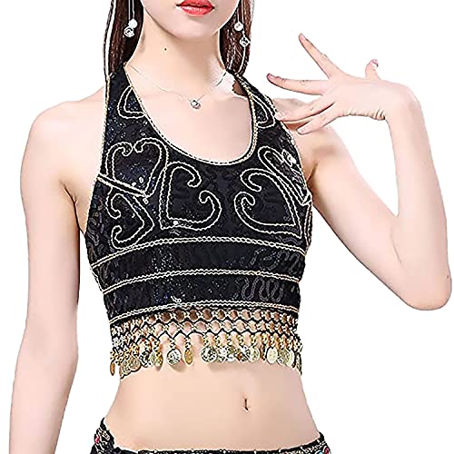 Image of VRITRAZ Women's Chiffon Belly Dance Chiffon Top, Harem Pants and Hip Scarf Ringy Golden Coins Fancy Pants