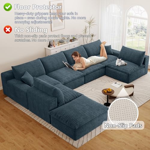 Image of 136 inch Cloud Couch Modular Sectional Sofa for Living Room, U-Shape Boneless Couch with Deep Seat, Modern Corduroy 6-Seater with Ottoman, No Assembly Required, Blue