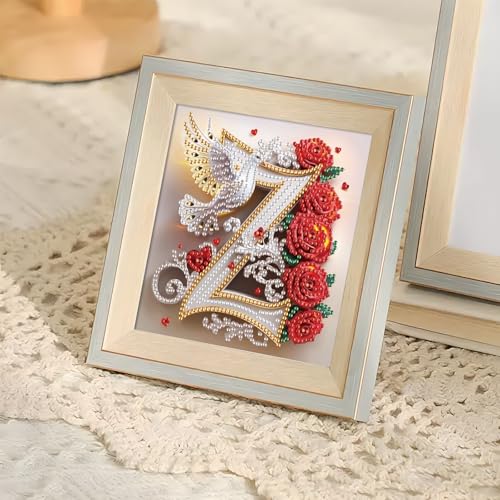 Image of AiYuanzsh 5D Diamond Art Kits for Adults Letter Z, Zesty Rose & Dove Alphabet Special Shape Diamond Painting, Luxury Diamond Art Craft for Home Decor and Valentine's Day Gift 17x17cm