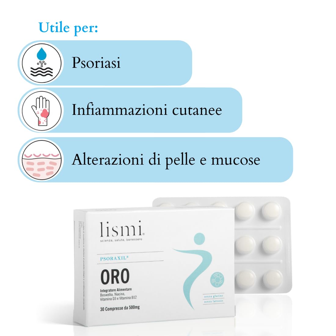 PSORAXIL ORO - Integratore per la Psoriasi, per il Benessere della Pelle e Mucose, Infiammazioni e Alterazioni Cutanee, Dona Protezione Osteo-Articolare, Made in Italy, Confezione da 30 Compresse