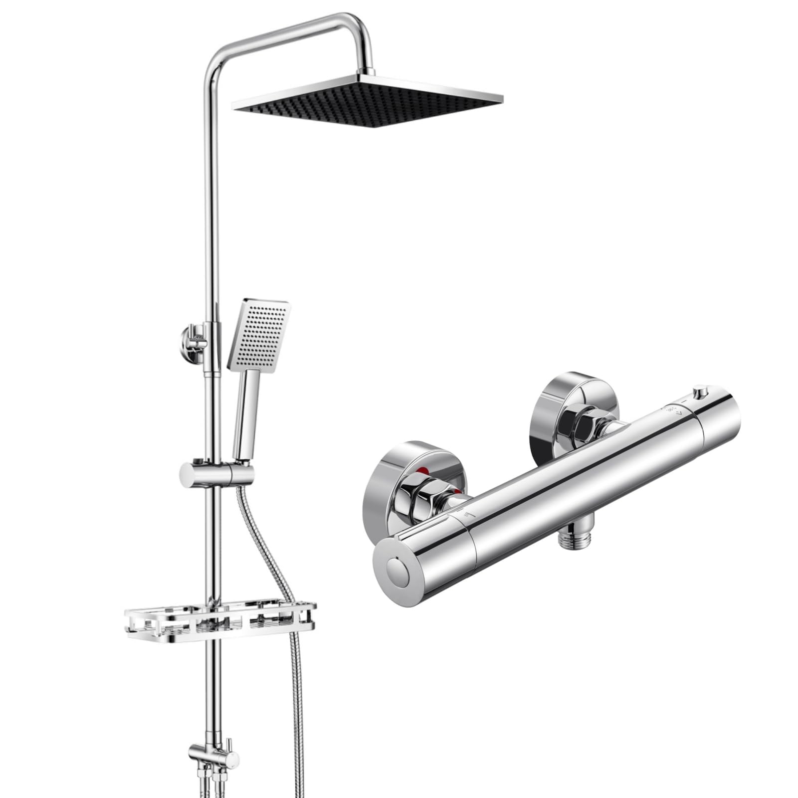 Auralum Colonna Doccia con Miscelatore Termostatico e Mensola Doccia XXL, Colonna Doccia Fori Muro Regolabili con Soffione a Pioggia Quadrato 25cm, Asta Doccia Altezza Regolabile 72-110cm, Cromo