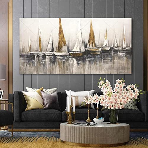 Voilier Doré Peinture de KEBIA en 80x160cm sans cadre pour la décoration murale du salon