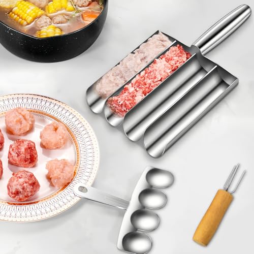 Dexmary Meatball Maker 4-reihigen,Fleischbällchen Maker mit Schneidspatel,Fleischbällchen Former zur Herstellung von Frikadellen, Fischbällchen, Krabbenbällchen