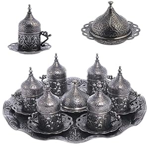 Alisveristime 6-Piece Set Turkish Espresso Coffee Cups with Saucer, Lid, Traditional Ottoman Tulip Motif (Multiple Color Variations) (Lale) (Black)