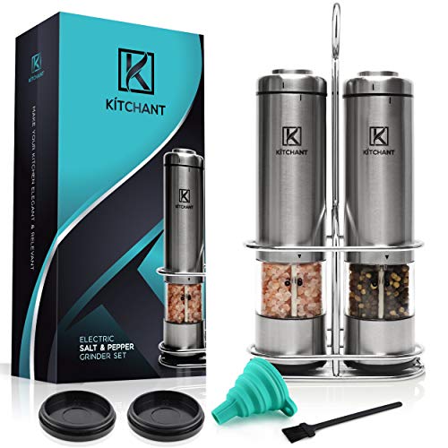 Electric Salt and Pepper Grinder Set with LED Light (Pack of 2 Mills) by KÍTCHANT - Battery Operated - Stainless Steel Stand - Automatic One Hand Operation - Ceramic Grinders - Adjustable Coarseness