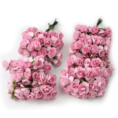 144 X Chic Mini Artificial Paper Rose Flower Wedding Card Decor Craft (Pink)
