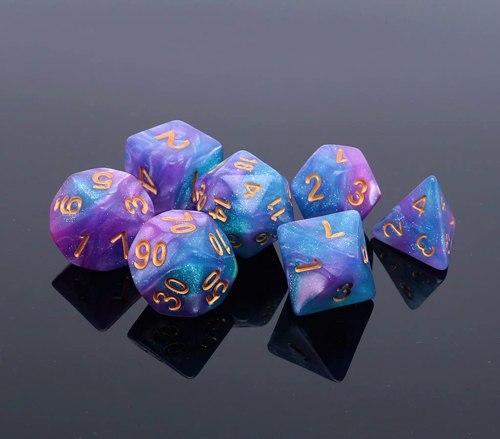 DND - Dados Poliédricos Azul y Morado con Purpurina para Dungeon and Dragons D&D, Juego de Rol y Mesa