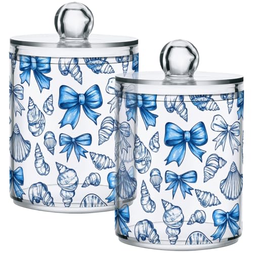 Gredecor 4 Pack Qtip Holder Clear Blue Seashells Bows Bubbles (3) Apothecary Jars with Lids Acrylic Bathroom Jars Vanity Countertop Canister Storage Organizer for Cotton Ball,Swabs,Pads,Floss