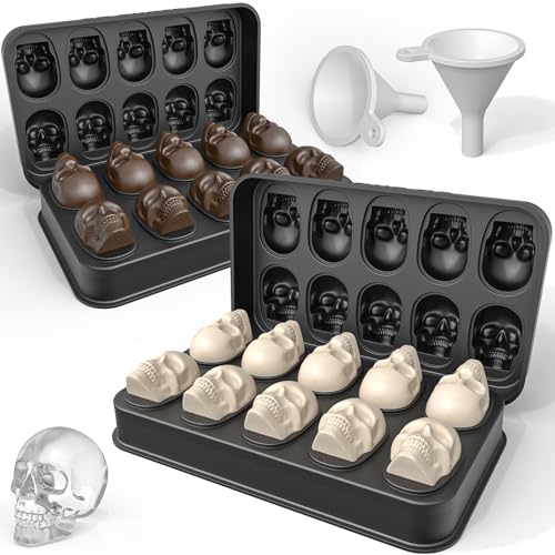 Image of LUSHYUM Ice Cube Mold Tray 3D Skull Mold, 2Pack BPA-Free Skeleton Head Maker Mold, Flexible & Easy Release Skull Molds for Baking Whiskey Cocktail Chocolate Resin, Ideal Gift for Halloween Party