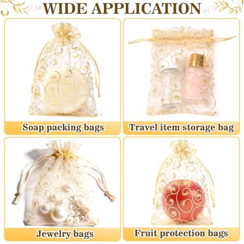 Image of Sukh Gold Organza Bags 5''x7'' - 100PCS Shiny Sheer Mesh Drawstring Bags for Jewelry, Soap, Fruits, Candy, Small Gift Bags for Weddings, Valentine's Day, Mother's Day, Halloween, Thanksgiving, Christmas