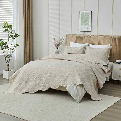Image of Kingnex Oversized King Bedspreads 128x120 for Extra Wide Tall King or Cal King Bed Ultrasonic Quilted Coverlet Set 3 Piece Include 1 Quilt 2 Pillowcases Beige