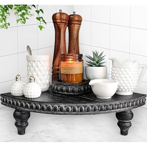 Corner Pedestal Stand Rustic Decor Riser for Display - Farmhouse Wood Rounded Beaded Tray for Kitchen and Bathroom Countertop Organizer, Coffee Bar, Plant Stand with Removable Feet (Rustic Black) Cover