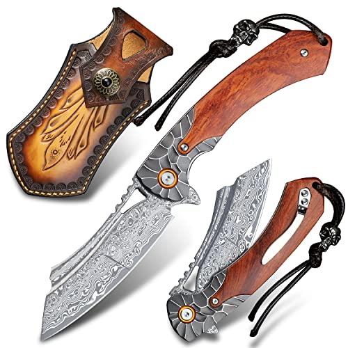 Minowe men's pocket knife Damascus Steel Handmade Folding Knife，3.5 in blade rosewood handle，with leather case ，Liner Lock Steel ball bearings，pocket clip ，EDC Camping Outdoor Survival Knife