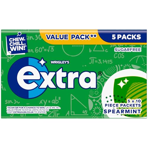 Wrigleys Extra Spearmint Sugar Free Chewing Gum Multipack 5 x 10 Pieces - Mint Fresh Breath Gum - Air Travel Essentials Festival Accessories & Road Trip Snacks