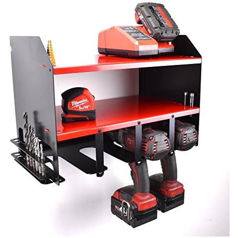 Red and Black Drill Driver Battery Tool - Wall Mountable Rack Shelving Storage Unit Charging Station for 4 Power Tool - Cabinet for Workshop Organiser (43x30.5x23 cm) Cover
