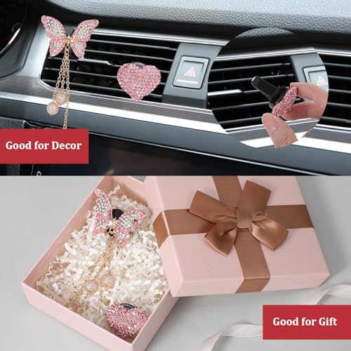Image of 4 Pcs Heart and Butterfly Pandent Air Vent Clips, Car Air Fresheners Vent Clip, Crystal Car Vents Accessories, Bling Airs Vents Clips Cars Accessories